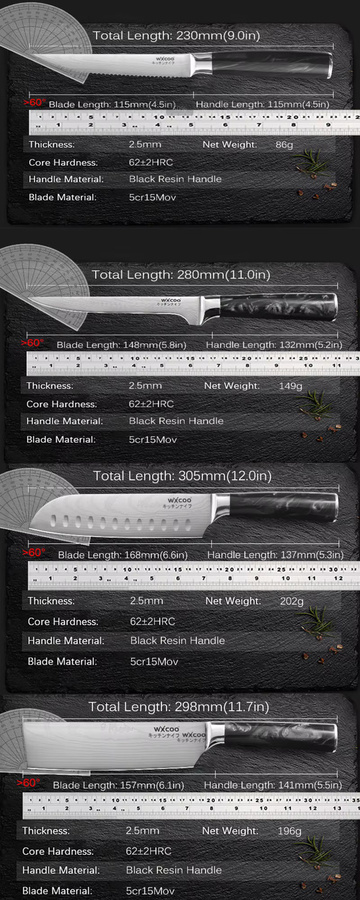 WXCOO Professionelles Küchenmesser Set in Silber mit Aufbewahrungsbox, bestehend aus Fleischmesser, gezahnten Steakmessern, Santoku und Fischfiletiermesser - Bild 5