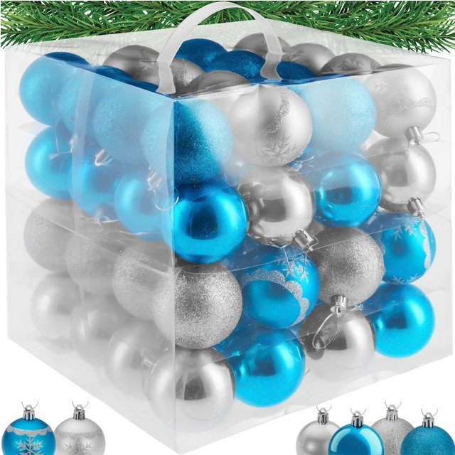tectake Weihnachtskugeln 64er-Set in Silber und Blau mit Eisblumen-Verzierung, Durchmesser: 6 cm - Bild 1