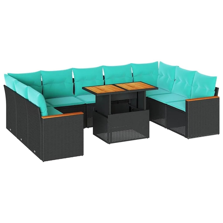vidaXL 10-teilige Garten-Sofagarnitur aus Poly-Rattan und Akazienholz in Schwarz mit Kissen - Bild 2