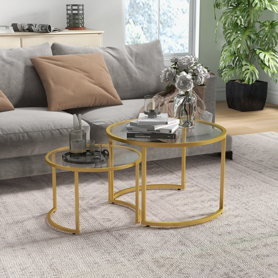 Aosom Set mit 2 runden einbettbaren Beistelltischen aus Glas und Kohlenstoffstahl in Gold und Transparent, Durchmesser: 70 cm und 54 cm - Bild 2