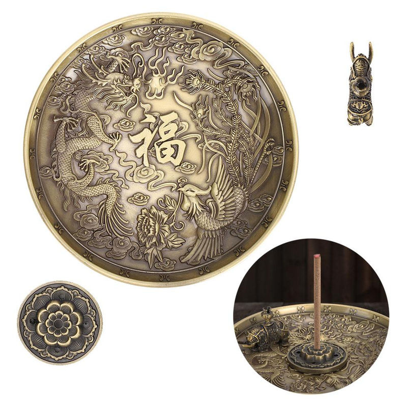 Tooarts Räuchergefäß Drache und Phönix in Gold, Vintage Metall Stäbchenhalter mit Lotus und Elefant für die Heimverehrung, Durchmesser: 10,8 cm, Höhe: 1,8 cm - Bild 7