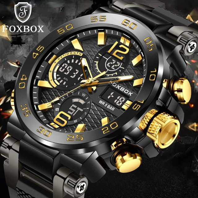 FOXBOX Armbanduhr, Digitaluhr, Stoppuhr, Kunststoff, Edelstahl, Schwarz, Herren - Bild 1