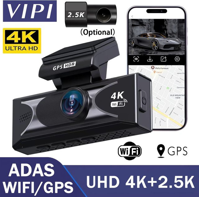 MYOLSD Dash Cam mit Dual Objektiv, UHD 4K und 2,5K Auflösung, ADAS, WIFI, GPS und Nachtsicht, Schwarz - Bild 1