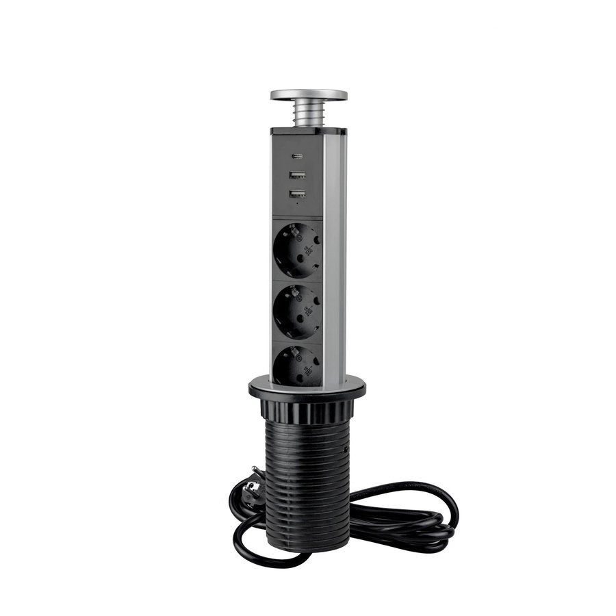 Emuca Abnehmbarer Multistecker Vertikal mit 3 Schuko-Steckdosen, 1 USB Typ A und 1 USB Typ C in Metallic Grau - Bild 2