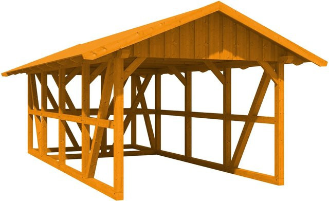 Skan Holz Carport Schwarzwald aus Fichtenholz mit Dachschalung und Abstellraum in Eiche Hell, B: 772 cm, T: 424 cm - Bild 1