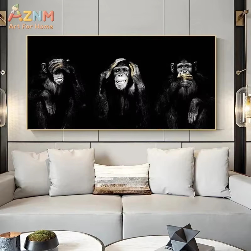 AZNM Wandkunstdruck Drei Weise Affen Schimpansen als Leinwand-Wanddekoration in Schwarz-Weiß - Bild 3
