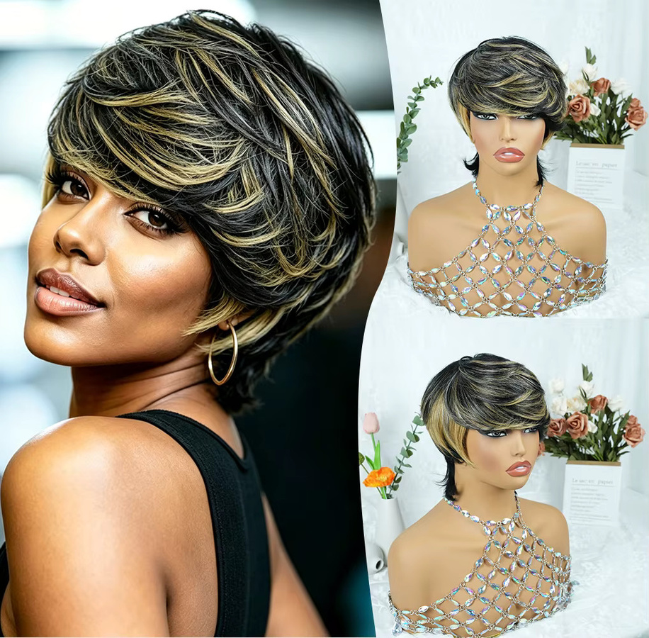 OYM HAIR Perücke, Pixie-Schnitt, schwarz mit blonden Highlights, Damen - Bild 2