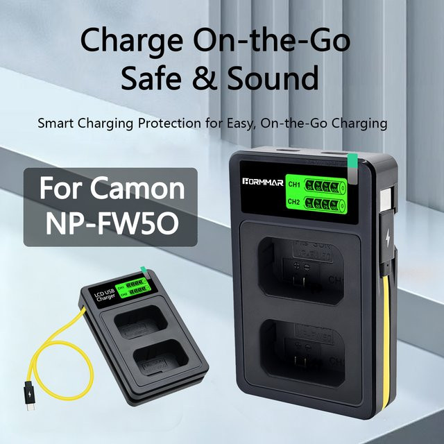 WY Hormmar Dual-USB-A Akkuladegerät mit LED-Anzeige für Sony NP-FW50 Kameras, Schwarz - Bild 1