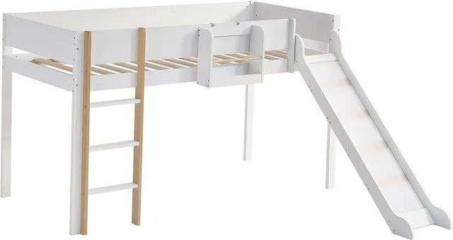 KOMHTOM Hochbett für Kinder und Jugendliche mit Rutsche, dreistufiger Leiter und abnehmbarem Regal, Weiß-Natur - Bild 1
