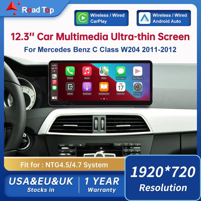 Road Top 12,3 Zoll Multimedia-Player mit Touch Display und GPS für Mercedes Benz C-Klasse W204 2011-2012 NTG4.5 in Schwarz mit Carplay - Bild 1