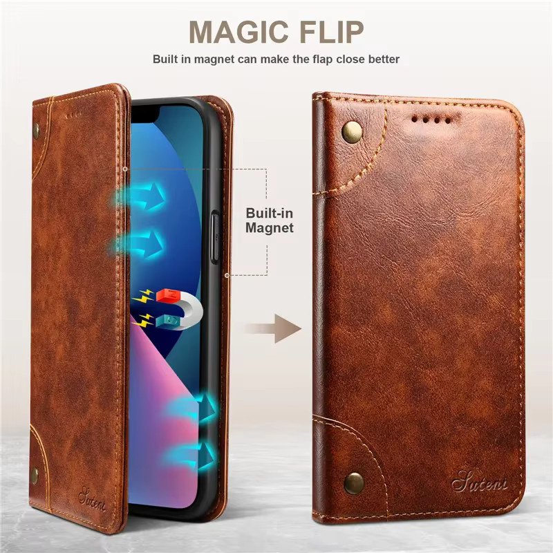Eucagr Luxus Leder Handyhülle mit Magnetfunktion und Stoßschutz für iPhone, Farbe: Braun - Bild 5