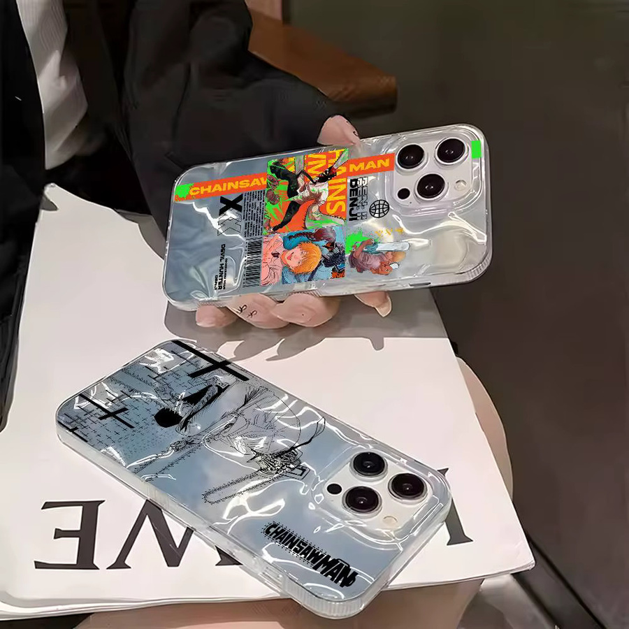 Handyhülle mit Kettensägenmann Denji und Makima Motiv für iPhone 12 bis iPhone 17 Pro Max in Bunt mit Seidenstoffmuster und glänzendem Finish - Bild 1