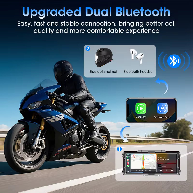 Jansite Wireless CarPlay Motorrad DVR mit 8,1 Zoll Display, 4K Digital Kamera, GPS Navigation und Android Auto in Schwarz - Bild 4