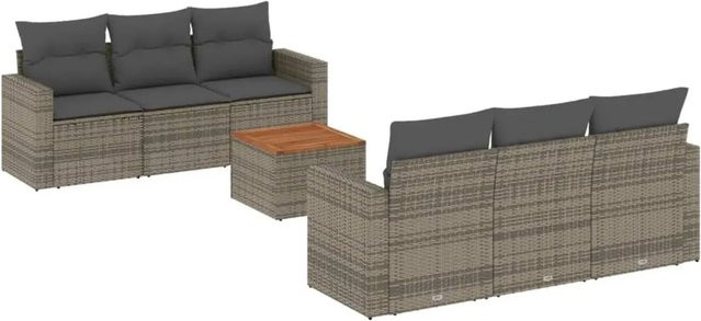 vidaXL 7-teilige Garten-Sofagarnitur aus Poly-Rattan und Akazienholz in Grau mit Kissen - Bild 1