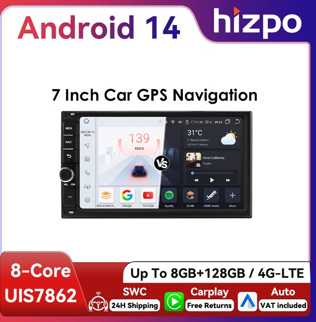 Hizpo 2Din Universal Android Autoradio mit 7 Zoll Display, CarPlay, GPS, WiFi, Bluetooth und 4G Navigation in Schwarz - Bild 1