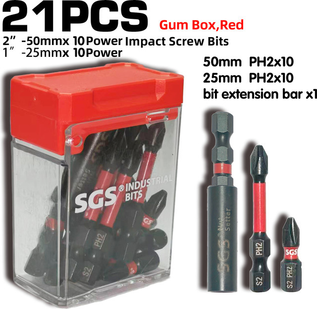 Red-Box 21-teiliges Schlagschrauber-Bit-Set in Rot mit Ph2-Doppellängen und Verlängerungsstange - Bild 1