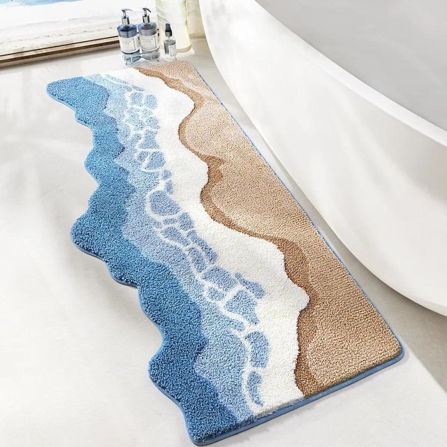 Lodestar Duschmatte mit Wellenform in Blau, Saugfähiger und Rutschfester Teppich aus Mikrofaser, B/T: 160 x 70 cm - Bild 1