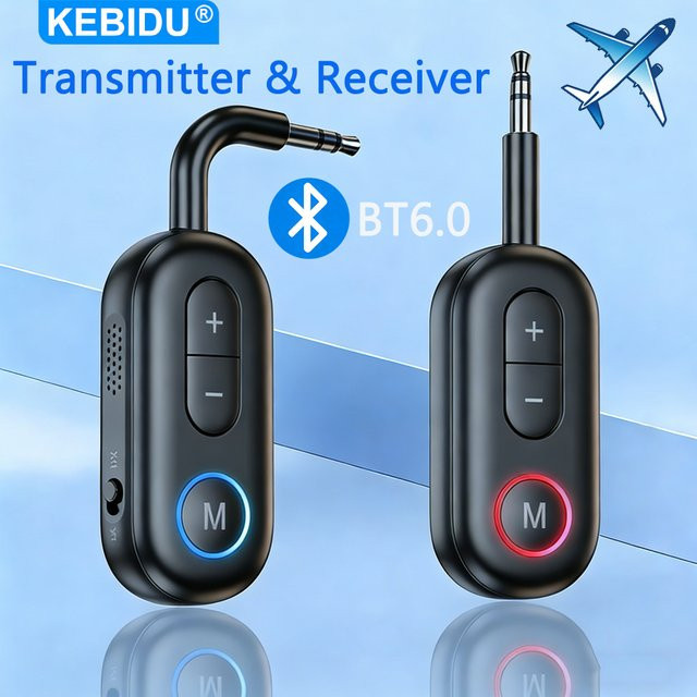 Kebidu Bluetooth 6.0 Audio Receiver und Sender in Schwarz mit 3,5mm AUX Anschluss für HiFi Stereo Musik und Freisprecheinrichtung im Auto oder Flugzeug - Bild 1