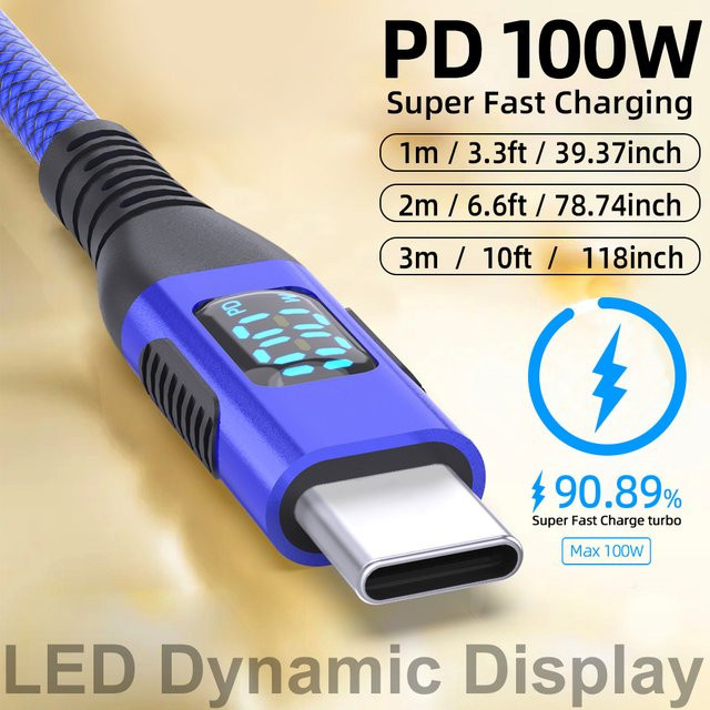 LAIHONEN USB-C auf Typ-C Kabel mit LED-Anzeige in Blau, 100W Schnellladekabel aus Nylon-Geflecht für iPhone 15 16 - Bild 1