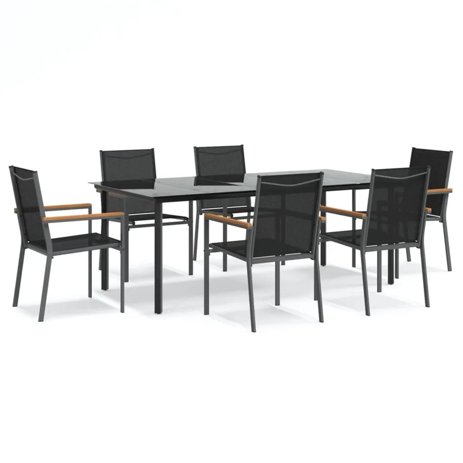 vidaXL 7-teilige Garten-Essgruppe in Schwarz aus Textilene und Stahl mit Glastisch - Bild 2