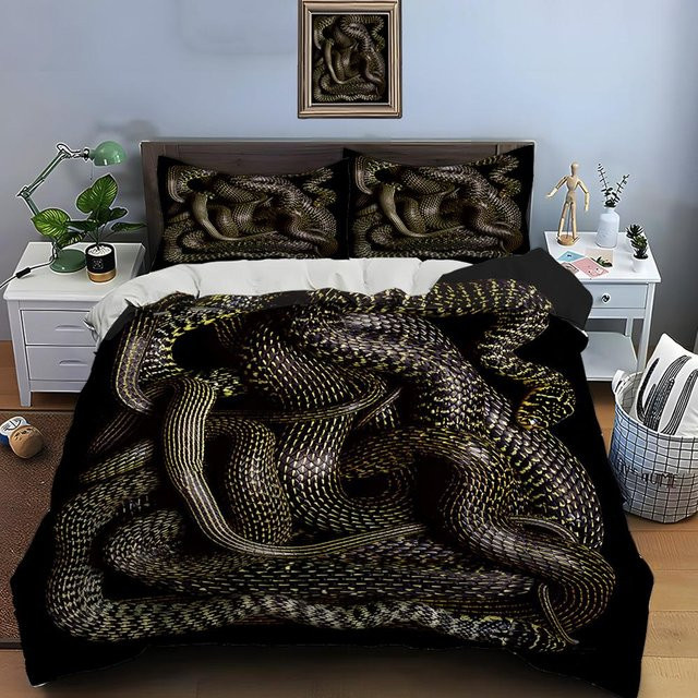 Flylo Bettwäsche-Set mit Schlangenmuster in Schwarz, bestehend aus 1 Bettbezug und 2 Kissenbezügen, B/T/H: 135 x 200 cm - Bild 1