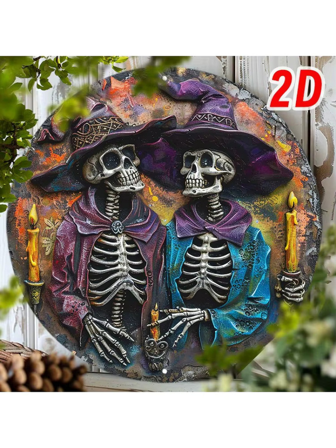 Rundes Aluminiumschild Potdemiel mit 3D-Skelett-Zauberer-Design für Halloween, Mehrfarbig, Durchmesser: 20,32 cm - Bild 4