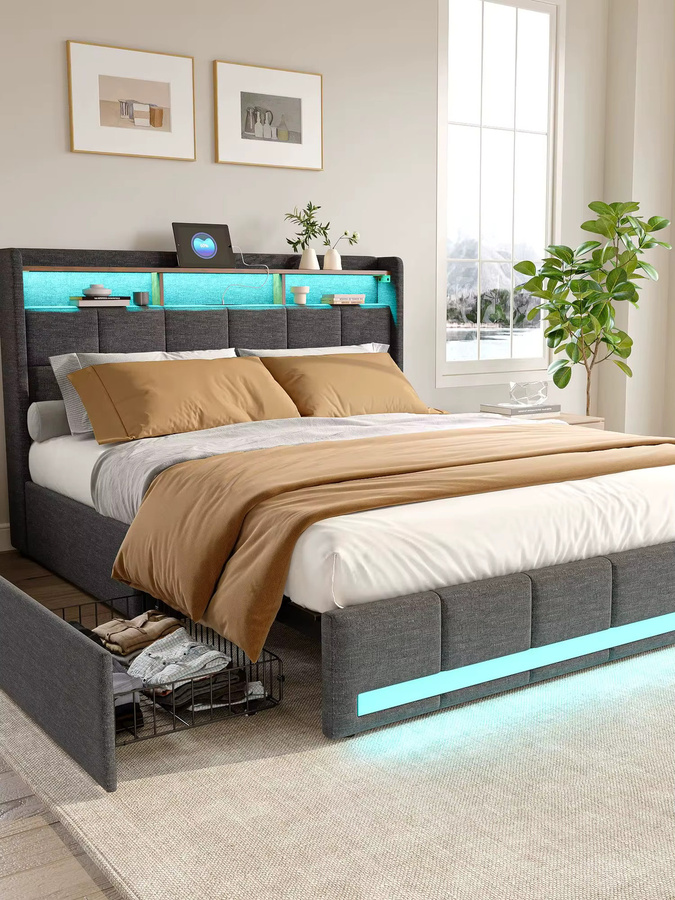 Multifunktionales Doppelbettgestell HYNHXBP aus Leinen in Grau mit LED-Beleuchtung, USB-Ladestation und Aufbewahrungsschubladen, B/T/H: 160 x 200 cm - Bild 7