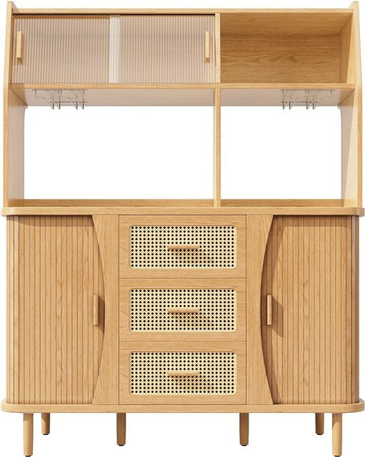 Merax Buffetschrank in Nussbaum mit Rattanoptik und Glasschiebetüren, B/H/T: 140,0 x 174,5 x 40,5 cm - Bild 1