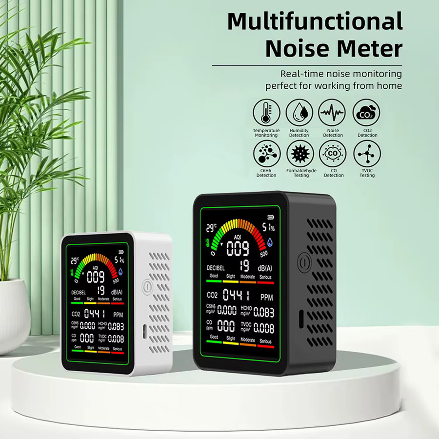 Gaqqee 9-in-1 Luftqualitätsmonitor für Innenräume mit CO2-, Formaldehyd-, TVOC-, Temperatur-, Feuchtigkeits- und Geräuschmessung sowie Farbalarmsystem in Weiß oder Schwarz - Bild 3