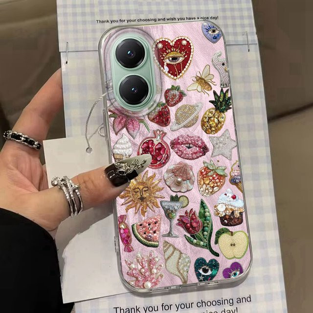 Handyhülle mit rosa Grafik Muster aus Obst, Sternen, Sonne, Auge und Federn für Xiaomi Poco X7 X6 X5 M6 Pro X3 NFC M5S C75 C71 C65 C61 in Pink - Bild 1