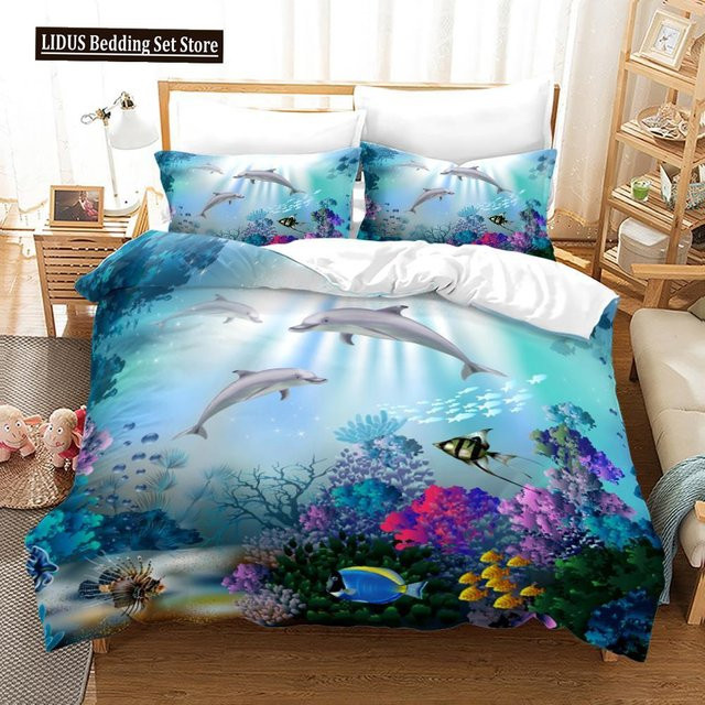 Bettwäsche Set Ozean Unterwasserwelt mit Goldfisch und Korallenriff, 3D-Druck, Polyester, Blau/Mehrfarbig, B/H: 135 x 200 cm - Bild 1