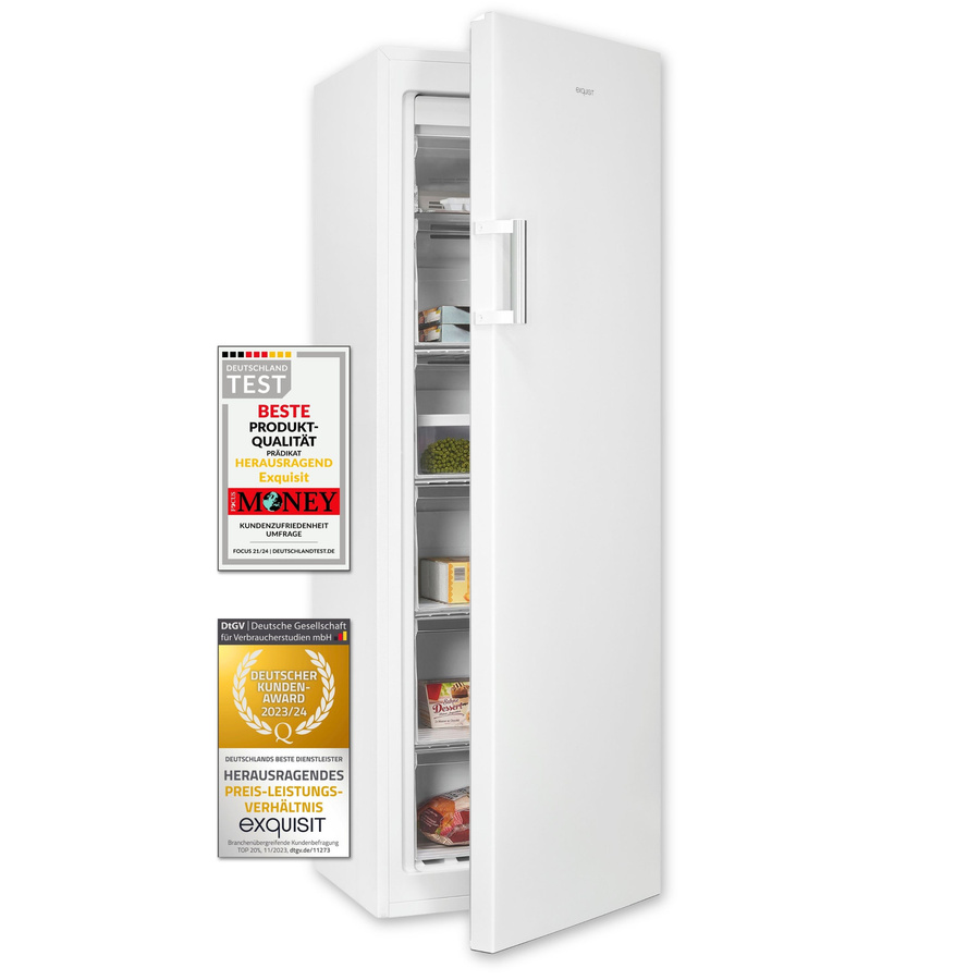 Exquisit GS4271-NF-H-010E No-Frost Gefrierschrank in Weiss, Standgerät mit Super Freezing und Türöffnung-Alarm, B/T/H: 56 x 60 x 184 cm - Bild 1