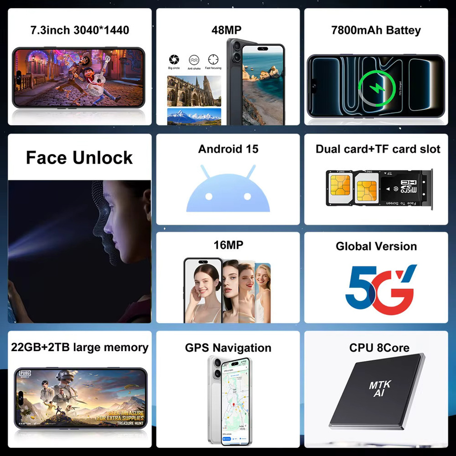 K-Touch iFone 18 Pro Maxi Smartphone Android 5G mit 7,3 Zoll HD Display, 22GB RAM, 2TB Speicher, Face ID und Dual-SIM in Weiß - Bild 2