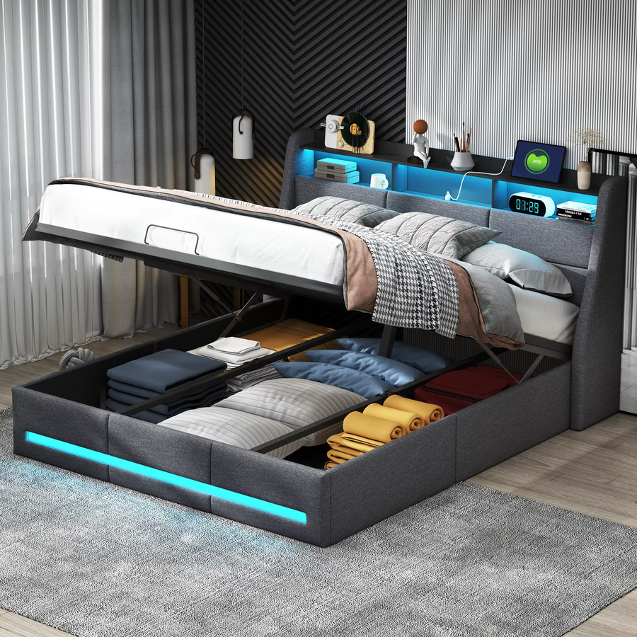 Rosahqnda Polsterbett in Grau mit LED-Kopfplatte, USB-Ladefunktion und Aufbewahrungsraum, B/T: 160 x 200 cm - Bild 5