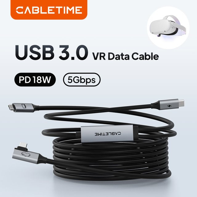 CABLETIME USB-C zu USB-C VR-Verbindungskabel für Meta Quest 3S/3/2/Pro und Oculus Quest, 18W Ladekabel mit 5Gbps Datenübertragung, Schwarz - Bild 1