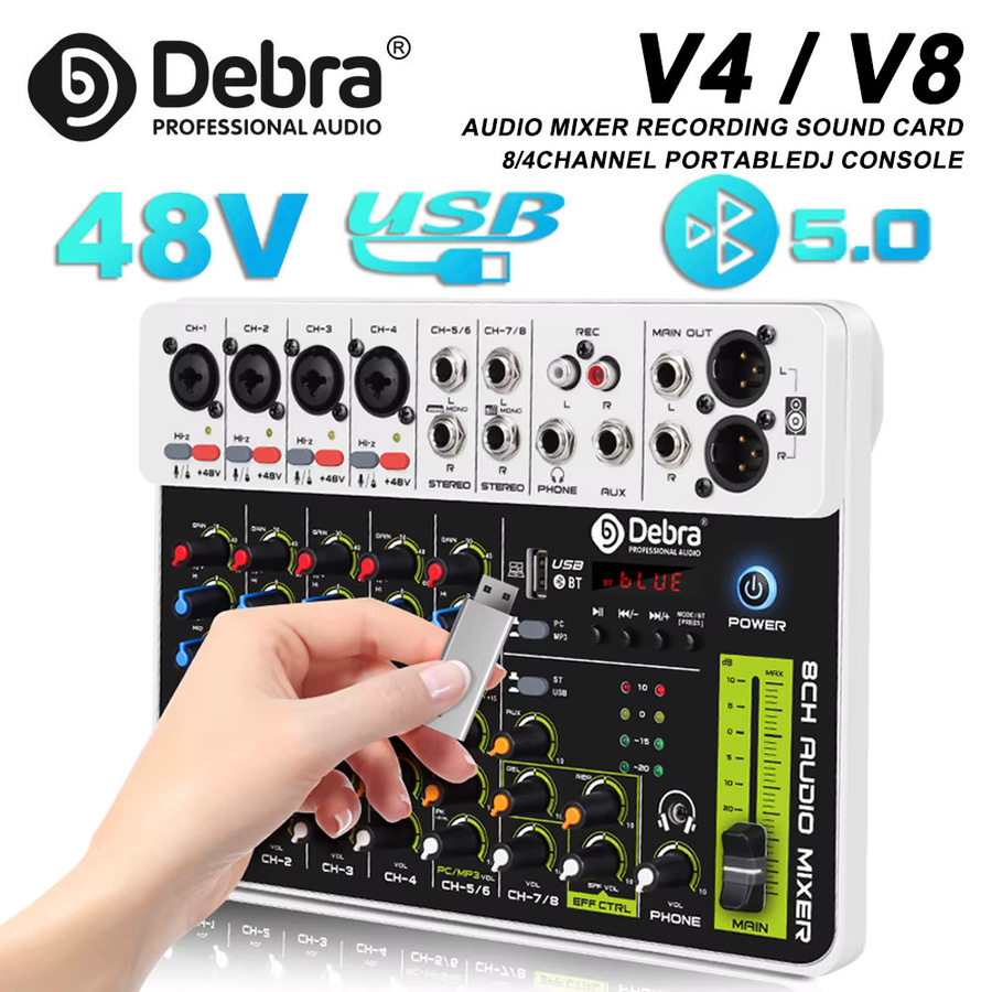 Debra V4/V8 Audio-Interface-Mixer DJ-Controller in Schwarz mit Bluetooth, USB und 48V Phantomspeisung sowie Delay-Replay-Effekt für Computeraufnahmen - Bild 7