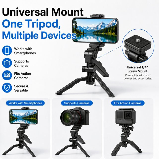 Universelles faltbares Smartphone-Stativ in Schwarz mit 360 Grad Verstellbarkeit für Live-Streaming, Vlogging und Fotografie - Bild 1