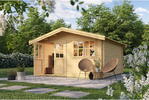 Mr. GARDENER Blockbohlenhaus Isar mit Satteldach in Beige, B/T: 424 x 443 cm, Wandstärke 34mm - Bild 1