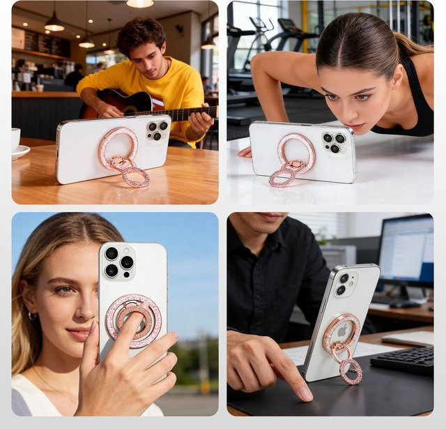 QGhappy Magnetischer Handy-Ringhalter in Pink mit Glitzer-Effekt, faltbarer Handy-Ständer und Griffhalterung für iPhone 17 und 16 - Bild 1