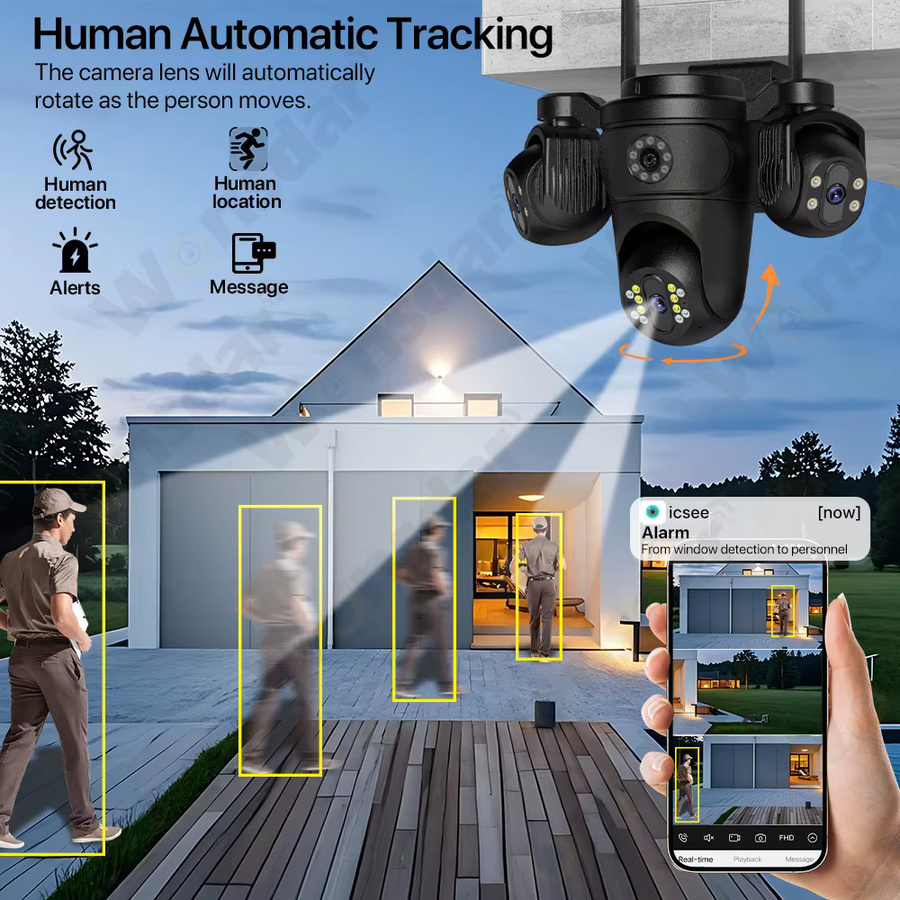 WONSDAR WLAN-IP-Kamera für Außenbereich mit drei Objektiven und drei Bildschirmen, HD-KI-Menschenerkennung, Sicherheits-Videomonitor CCTV in Schwarz - Bild 3