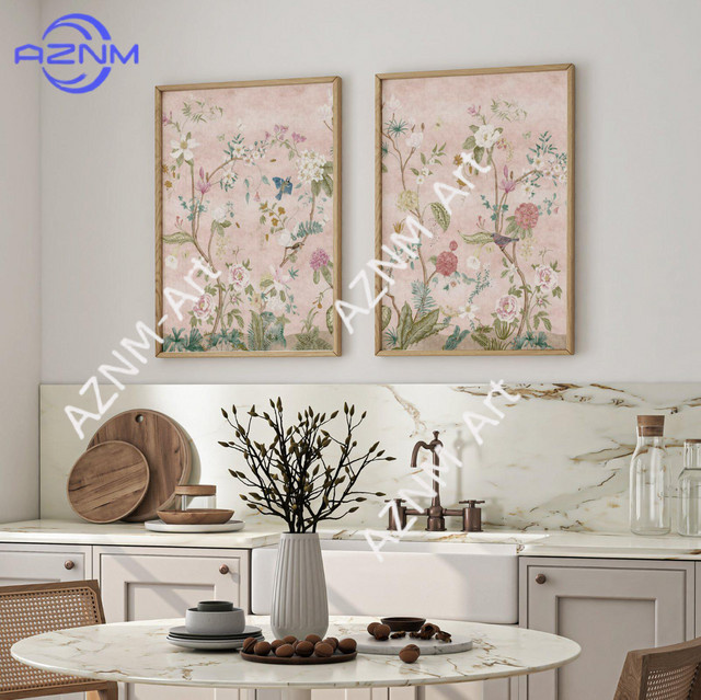 2-teiliges Set AZNM Chinoiserie Wandteppich mit Vogel- und Blumendruck in Rosa, Japanischer Vintage Wandbehang mit floralem und orientalischem Design - Bild 1