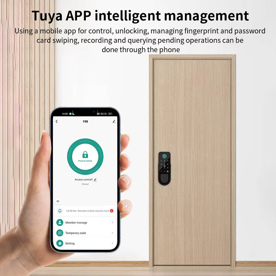LUCKING DOOR Fingerabdruck-Haustürschloss in Schwarz mit Tuya App-Unterstützung, Bluetooth und IC-Karten-Gateway-Entsperrung für schlüssellosen Zugang - Bild 3