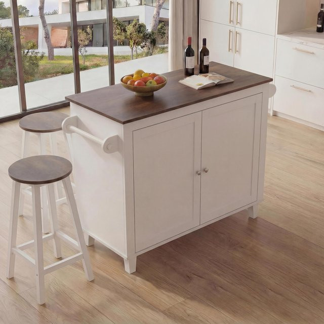 Kücheninsel MCW-P61 mit 2 Sitzhockern und Staufächern in Landhausstil, Weiß und Dunkelbraun, B/T/H: 120 x 90 x 45 cm - Bild 1