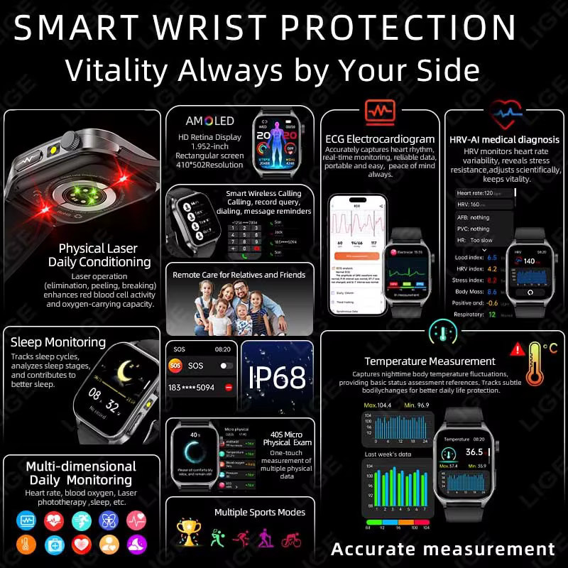 LIGE Smartwatch mit EKG, PPG Laser-Therapie und Bluetooth-Anruf zur Messung von Blutdruck, Körpertemperatur, Fett und Harnsäure für Männer und Frauen - Bild 2