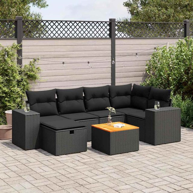 vidaXL 7-teilige Garten-Sitzgruppe in L-Form mit Kissen, Schwarz - Bild 3