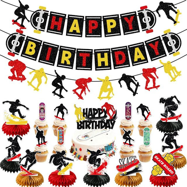 Sport Skateboard Geburtstag Banner und Kuchen Topper Set für Kinder, Mehrfarbiges Waben-Ornament aus Papier zur Partydekoration - Bild 1