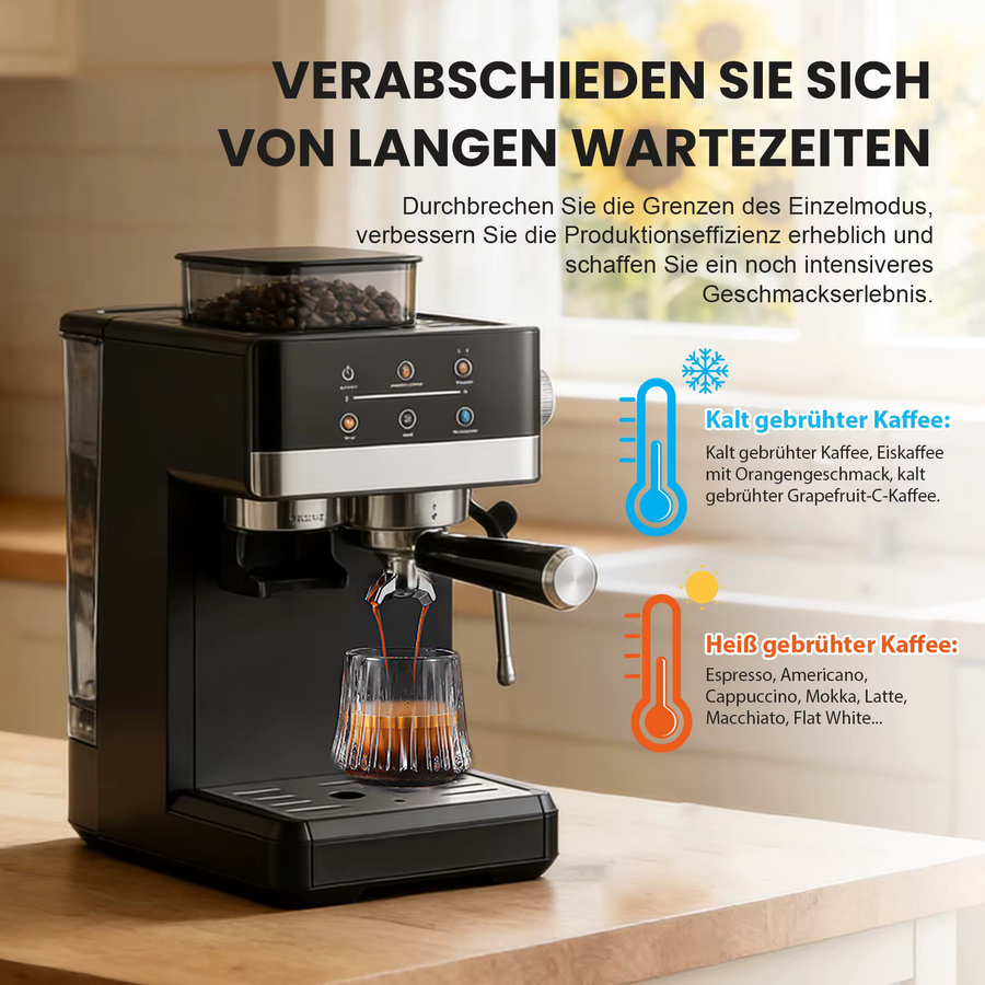 Aiorber Espressomaschine mit integriertem Mahlwerk in Schwarz, 20 Bar, 1350W, Dual-Extraktion mit Touchscreen und 1,8 l Wassertank - Bild 2