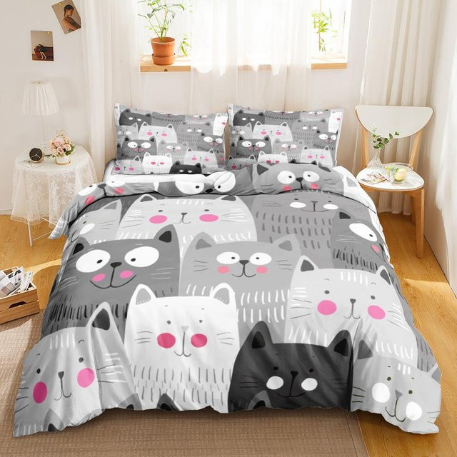 Binchi Bettwäsche-Set mit niedlichem Katzen-Motiv, 3-teilig, Mehrfarbig, Polyester, B/H: 140 x 200 cm - Bild 1