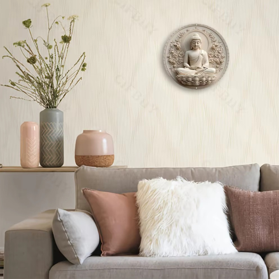 HELLOYOUNG Runde Metallwandkunst mit Buddha-Blumenmuster in Beige, Durchmesser: 20,32 cm - Bild 2