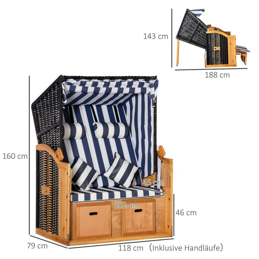 Outsunny Strandkorb in Blau-Weiß gestreift mit Polyrattan und Fußstütze, B/H/T: 79 x 118 x 160 cm - Bild 4